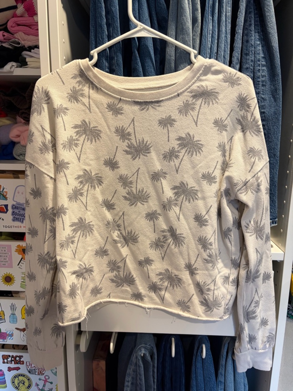 Zoe + Liv Cream Pullover with Gray Palm Print
